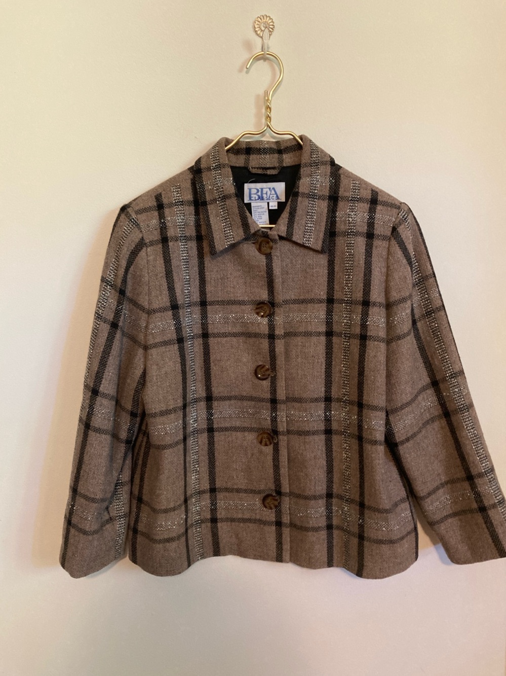Vintage BFA Plaid Button-Front Beige Brown Wool-Blend Jacket Size 16 Petite